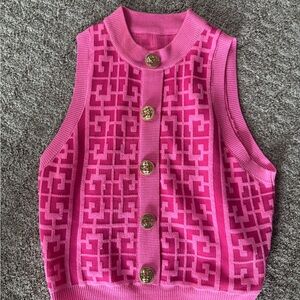 Pink Geometric Knit Vest with Gold Buttons